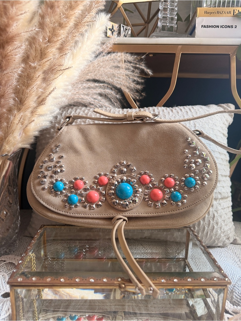 New York & Company Beige Crossbody with Turquoise and Coral Accents
